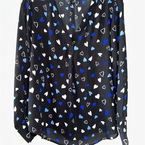 Rachel Zoe Women's Black V-Neck Blouse M Floral Heart Print Long Sleeve